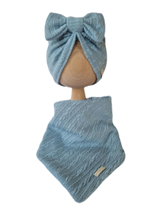 KOMPLET SWETERKOWY TURBAN POJEDYNCZY KOKARDA I CHUSTA Morski