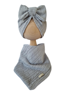 KOMPLET SWETERKOWY TURBAN POJEDYNCZY KOKARDA I CHUSTA Grafit