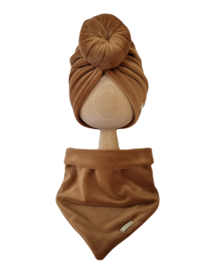 KOMPLET WELUROWY TURBAN DONUT I CHUSTA Karmel