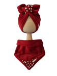 WELUROWY KOMPLET TURBAN POJEDYNCZY Z KORALIKAMI I CHUSTA Bordo