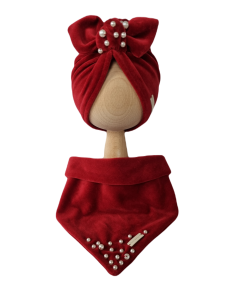 WELUROWY KOMPLET TURBAN POJEDYNCZY Z KORALIKAMI I CHUSTA Bordo