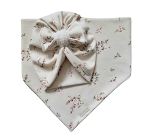 KOMPLET PRĄŻEK TURBAN PODWÓJNY BIG BOW I CHUSTA Drobne Różyczki Beż