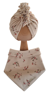 KOMPLET TURBAN FALBANKA POJEDYNCZY I CHUSTA Różyczki na bawełnie Beż