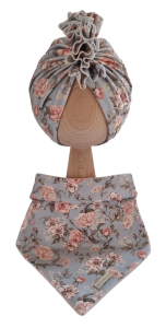 KOMPLET TURBAN FALBANKA POJEDYNCZY I CHUSTA Herbaciane Róże Niebieski