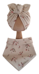 KOMPLET TURBAN POJEDYNCZY MOTYLEK  I CHUSTA Różyczki na bawełnie Beż