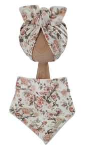 KOMPLET TURBAN POJEDYNCZY MOTYLEK  I CHUSTA Herbaciane Róże Biel
