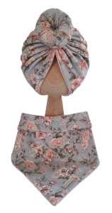 KOMPLET TURBAN PODWÓJNY DONUT I CHUSTA Herbaciane Róże Niebieski