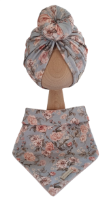 KOMPLET TURBAN POJEDYNCZY DONUT I CHUSTA Herbaciane Róże Niebieski