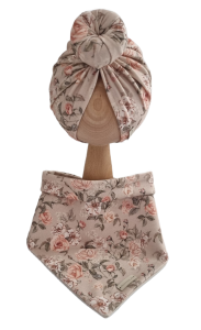 KOMPLET TURBAN POJEDYNCZY DONUT I CHUSTA Herbaciane Róże Beż