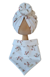 KOMPLET TURBAN POJEDYNCZY DONUT I CHUSTA Różyczki na bawełnie Biel