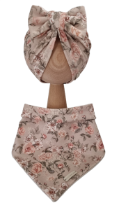 KOMPLET TURBAN POJEDYNCZY KOKARDA  I CHUSTA Herbaciane Róże Beż