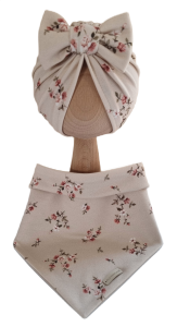 KOMPLET TURBAN POJEDYNCZY KOKARDA  I CHUSTA Różyczki na bawełnie Beż