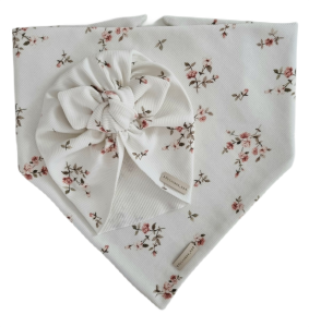 KOMPLET PRĄŻEK TURBAN MOTYLEK I CHUSTA Drobne Różyczki Biel