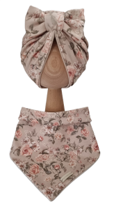 KOMPLET TURBAN PODWÓJNY KOKARDA  I CHUSTA Herbaciane Róże Beż