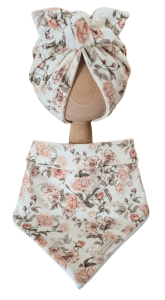 KOMPLET TURBAN PODWÓJNY MOTYLEK  I CHUSTA Herbaciane Róże Biel