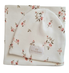 KOMPLET PRINCESSKA CZAPKA I KOMIN Drobne Różyczki Biel