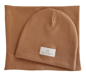 KOMPLET PRINCESSKA CZAPKA I KOMIN Karmel