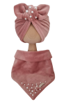 WELUROWY KOMPLET TURBAN POJEDYNCZY Z KORALIKAMI I CHUSTA Pastelowy Róż