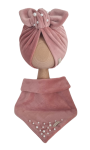 WELUROWY KOMPLET TURBAN PODWÓJNY Z KORALIKAMI I CHUSTA Pastelowy Róż