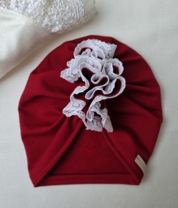 ŚWIĄTECZNY TURBAN FALBANKA Z KORONKĄ Bordo