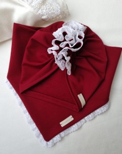 ŚWIĄTECZNY KOMPLET TURBAN FALBANKA I CHUSTA Z KORONKĄ Bordo