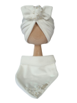 WELUROWY KOMPLET TURBAN POJEDYNCZY Z KORALIKAMI I CHUSTA Ecru 