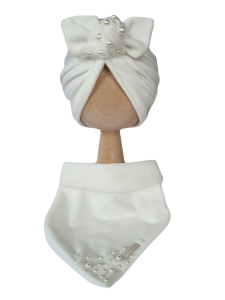 WELUROWY KOMPLET TURBAN POJEDYNCZY Z KORALIKAMI I CHUSTA Ecru 