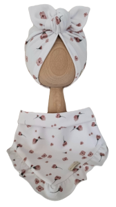 KOMPLET TURBAN POJEDYNCZY MOTYLEK  I CHUSTA Z FALBANKĄ Fiołki na Bieli