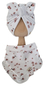 KOMPLET TURBAN PODWÓJNY MOTYLEK  I CHUSTA Z FALBANKĄ Fiołki na Bieli