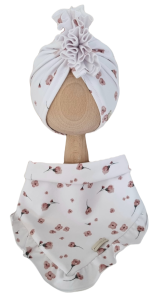 KOMPLET TURBAN FALBANKA POJEDYNCZY I CHUSTA Z FALBANKĄ Fiołki na Bieli