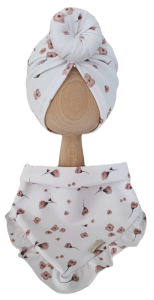 KOMPLET TURBAN POJEDYNCZY DONUT I CHUSTA Z FALBANKĄ Fiołki na Bieli