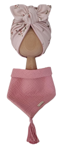 KOMPLET TURBAN PODWÓJNY MOTYLEK Różyczki na bawełnie Róż i CHUSTA Muślinowa Pudrowy Róż Z CHWOSTAMI Róż