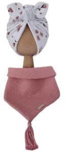 KOMPLET TURBAN PODWÓJNY MOTYLEK Fiołki na Bieli i CHUSTA Muślinowa Pudrowy Róż Z CHWOSTAMI Róż