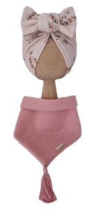 KOMPLET TURBAN POJEDYNCZY BIG BOW Różyczki na bawełnie Róż I CHUSTA Muślinowa Pudrowy Róż Z CHWOSTAMI Róż