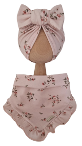 KOMPLET TURBAN POJEDYNCZY BIG BOW I CHUSTA Z FALBANKĄ Różyczki na bawełnie Róż 