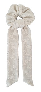 MUŚLINOWA GUMKA FROTKA ZE WSTĄŻKĄ Haftowane Kwiatki Beżowa