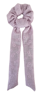 MUŚLINOWA GUMKA FROTKA ZE WSTĄŻKĄ Haftowane Kwiatki Pudrowy Róż