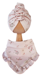 KOMPLET TURBAN PODWÓJNY PRĄŻEK Z OZDOBNĄ FALBANKĄ I CHUSTA Z FALBANKĄ Drobne Różyczki Róż