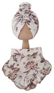 KOMPLET TURBAN PODWÓJNY PRĄŻEK Z OZDOBNĄ FALBANKĄ I CHUSTA Z FALBANKĄ Jesienne Ptaszki