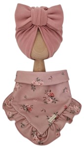 KOMPLET TURBAN POJEDYNCZY BIG BOW Pustynny Róż I CHUSTA Z FALBANKĄ Sepia Flowers Pustynny Róż