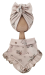 KOMPLET TURBAN PODWÓJNY SUPEŁEK  I CHUSTA Z FALBANKĄ Sepia Flowers Mokka