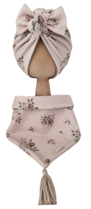 KOMPLET TURBAN PODWÓJNY SUPEŁEK Sepia Flowers Mokka I CHUSTA Sepia Flowers Mokka Z CHWOSTAMI Beż