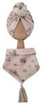 KOMPLET TURBAN POJEDYNCZY DONUT Sepia Flowers Mokka I CHUSTA Sepia Flowers Mokka Z CHWOSTAMI  Beż
