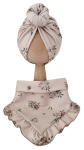 KOMPLET TURBAN POJEDYNCZY DONUT I CHUSTA Z FALBANKĄ Sepia Flowers Mokka