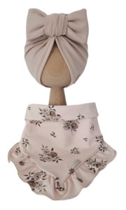 KOMPLET TURBAN POJEDYNCZY BIG BOW Beż I CHUSTA Z FALBANKĄ Sepia Flowers Beż