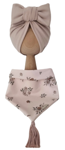 KOMPLET TURBAN POJEDYNCZY BIG BOW Beż I CHUSTA Sepia Flowers Beż Z CHWOSTAMI Beż