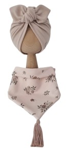 KOMPLET TURBAN POJEDYNCZY MOTYLEK Beż I CHUSTA Sepia Flowers Beż Z CHWOSTAMI Antyczny Beż