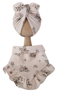 KOMPLET TURBAN PODWÓJNY MOTYLEK  I CHUSTA Z FALBANKĄ Sepia Flowers Beż