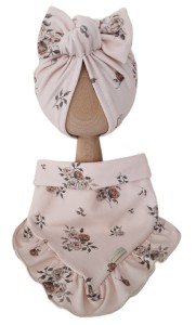 KOMPLET TURBAN POJEDYNCZY SUPEŁEK i CHUSTA Z FALBANKĄ Sepia Flowers Beż