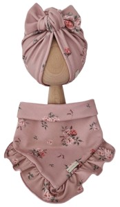 KOMPLET TURBAN POJEDYNCZY SUPEŁEK  I CHUSTA Z FALBANKĄ Sepia Flowers Pustynny Róż